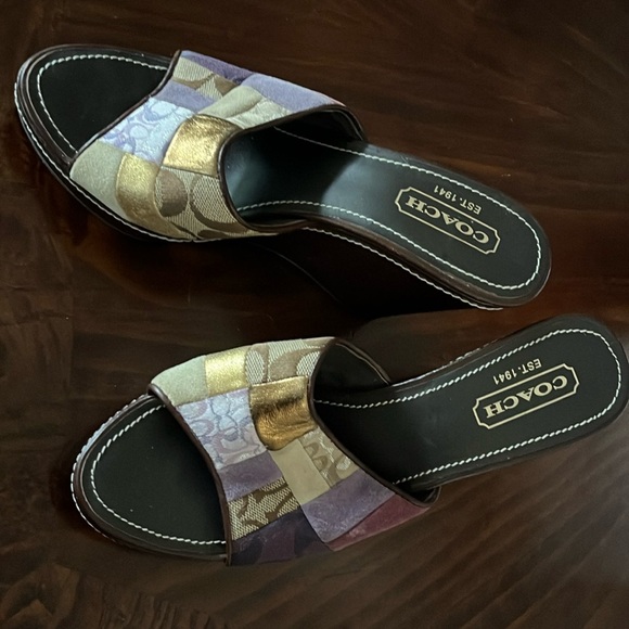 Coach patchwork wedge sandals in purples, creams and brown.  7M - Picture 1 of 8